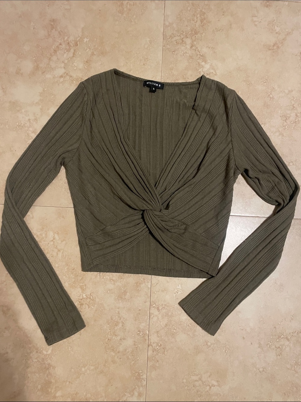 Windsor Olive Knot-Front Ribbed Long Sleeve Crop Top